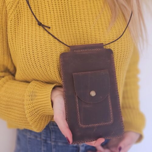 Brown Leather Phone Case – Handmade Slim Pouch with Strap