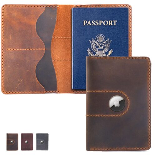 Genuine Leather Passport Holder with AirTag Slot – Brown