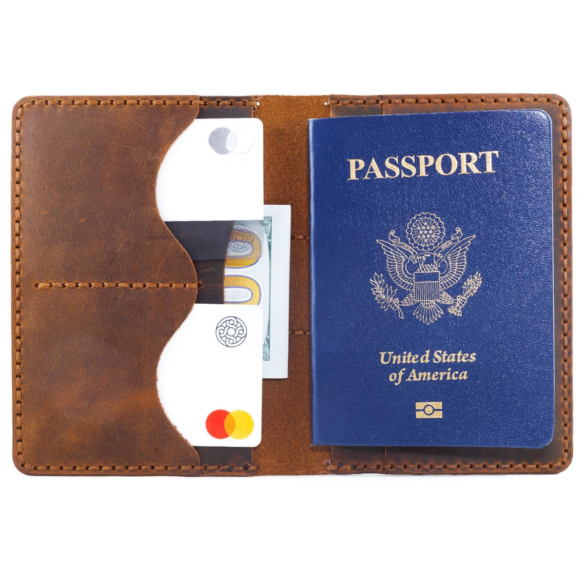 Genuine Leather Passport Holder with AirTag Slot – Brown