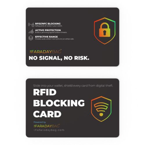 Slim RFID blocking card that fits inside a wallet slot