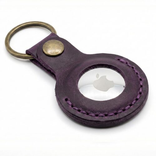 Purple Crazy Horse leather AirTag case with brass snap