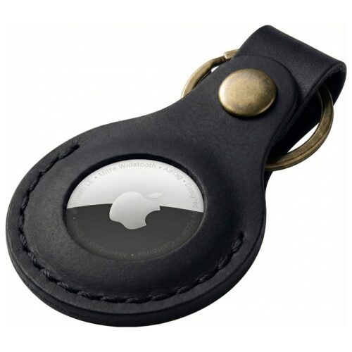 Black Crazy Horse leather AirTag keychain holder