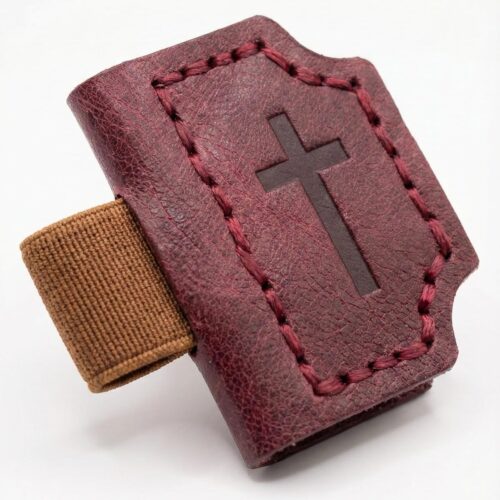 Burgundy full-grain leather magnetic bookmark with pen loop