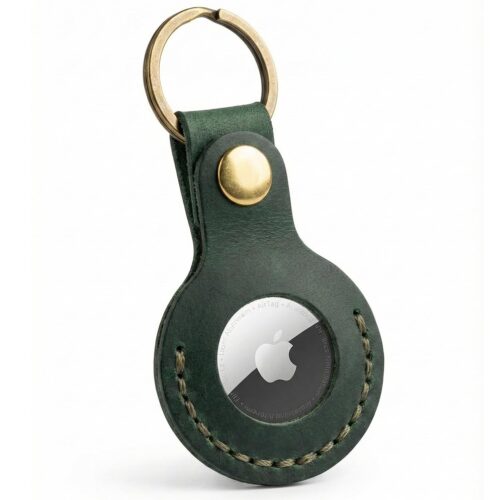 Hunter green Crazy Horse leather AirTag keychain holder with steel ring